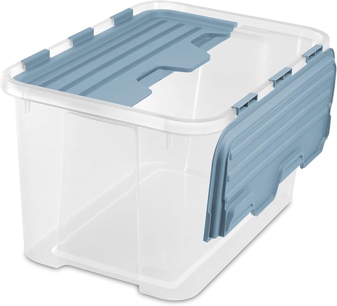 SteriliteHinged Lid Storage Box Plastic Container, 60 Quart, 6 Pack | Washed Blue - Home Organizer Tote for Storing Shoes, Crafts, Clothing, or Decor