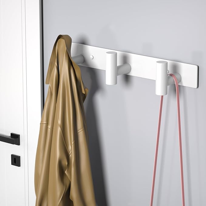 PMMASTO Stainless Steel Coat Rack Wall Mounted, Heavy Duty Metal Hook Rail for Hanging Coats Hats Towels Robes Bags, Modern Wall Hooks Organizer (White, 3 "T Hooks, 2 Pack)