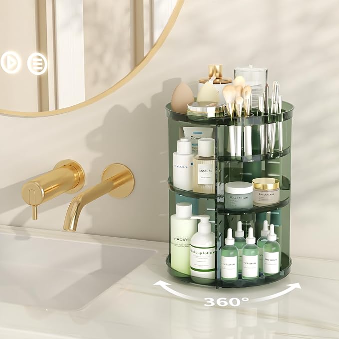 Rotating Makeup Organizer, DIY 8 Adjustable Layers Spinning Skincare Storage, Cosmetic Display Case with Brush Holder and Perfume Tray, Multi-Function Vanity Bathroom Countertop Organizer Clear Green