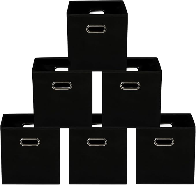 Yunkeeeper storage bins Cubes, Fabric Cube Organizer with Handle, Foldable Cube Bins for Cloth or Accessary Storage, 11x11x11, Set of 6, (black)