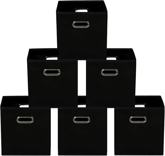 Yunkeeeper storage bins Cubes, Fabric Cube Organizer with Handle, Foldable Cube Bins for Cloth or Accessary Storage, 11x11x11, Set of 6, (black)