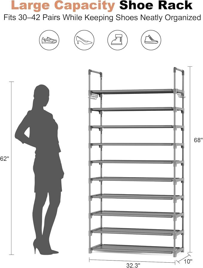 LANTEFUL Upgraded Shoe Rack for Closet Large Capacity 10 Tier Shoe Storage Holds 40–50 Pairs Sturdy Shoe Organizer with 10 Hooks for Entryway, Bedroom, Garage, Grey