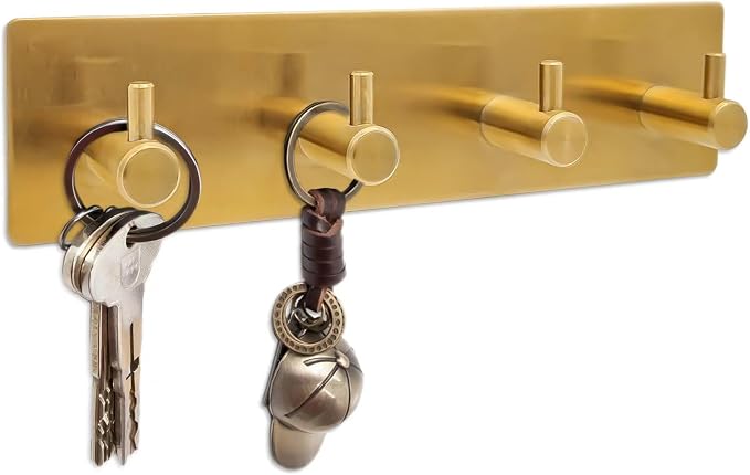 Self Adhesive Key Hook Rack with 4 Hooks for Keys Entryway - Gold