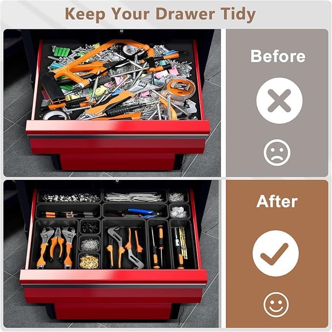 【𝟲𝗦𝗜𝗭𝗘 & 80PCS】A-LUGEI Tool Box Organizer【Fits 100+ Tools】 Black Garage Organization and Storage Tray Divider Set, Desk Drawer Organizer, Toolbox for Rolling Tool Chest Cart WorkBench Small Part