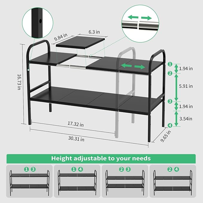 Expandable 2-Tier Under Sink Organizer, 8 Removable Plastic Boards, Tool-Free Installation (Black, 2-Tier 8 Boards)