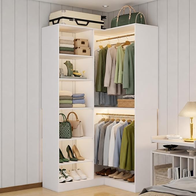 Corner Closet System with 6 Shelves ( 4 Adjustable with 20 Height Options), 39.4"-78.8" Custom Corner Closet Organizer System with 3 Hanging Rods, Walk in Corner Closet Organizer System, White