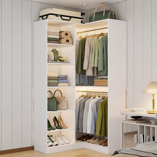 Corner Closet System with 6 Shelves ( 4 Adjustable with 20 Height Options), 39.4"-78.8" Custom Corner Closet Organizer System with 3 Hanging Rods, Walk in Corner Closet Organizer System, White