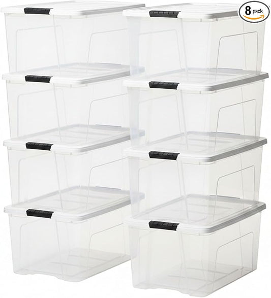 IRIS USA 72 Qt Stackable Plastic Storage Bins with Lids, 8 Pack - BPA-Free, Made in USA - See-Through Organizing Solution, Latches, Durable Nestable Containers, Secure Pull Handle - Clear/White