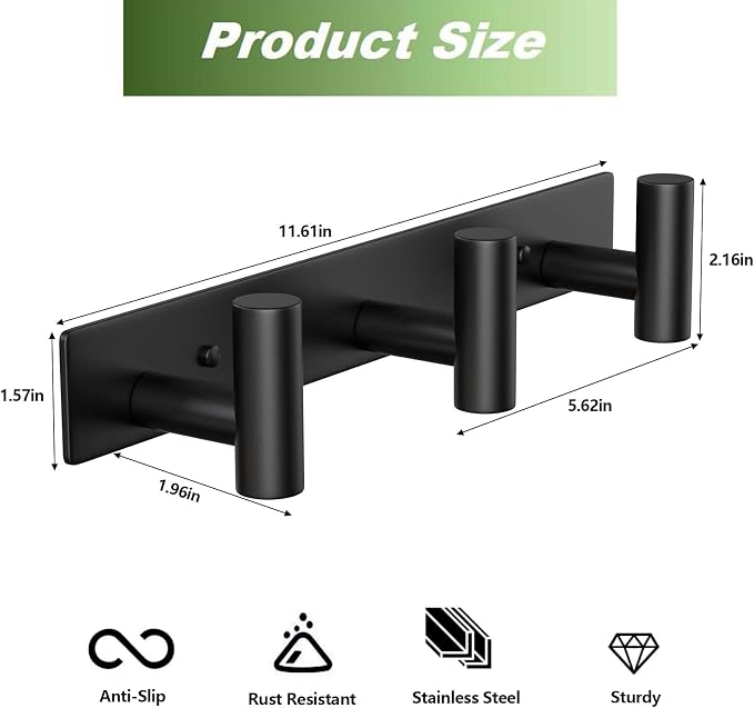 Coat Rack Wall Mounted-3 Hooks,Heavy Duty Stainless Steel Wall Hooks for Towel Coat Bag, Hat Rack Coat Hanger Coat Hooks Towel Racks for Bathroom Entryway Kitchen Hotel Office (Black, 2 Packs)