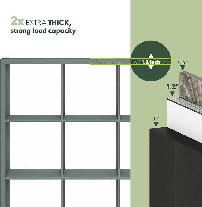 Furinno Cubicle Book Shelf, 12-Cube Bookshelf, Extra Thick Frame Reversible Bookcase with Open Back, 14.6" x 44" x 58", for Living Room, Bedroom, Home Office, Sage Green