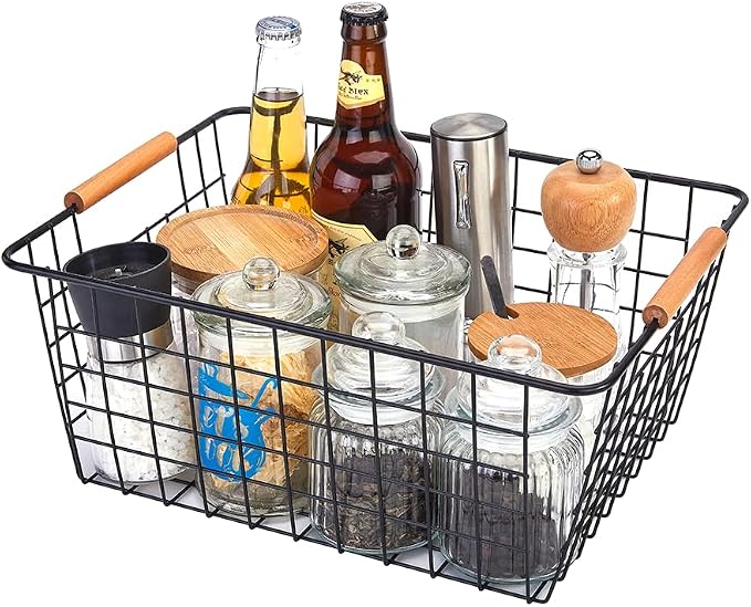 LeleCAT Large black wire basket for Organizing with Wooden Handles,pantry refrigerator organizers and storage,Snack Storage Baskets for Cabinets, Closets, Bedrooms, kitchen -2pack（Black）