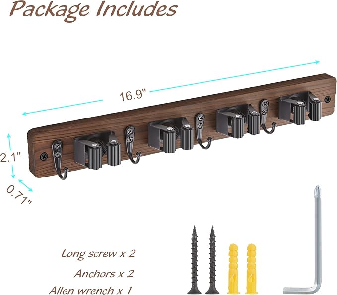 OUTNILI Mop and Broom Holder Wall Mount - Wood Broom Mop Hanger - Wall Mounted Garden Tool Rack Organizer for Closet Garage Laundry Room, Rustic Kitchen Decor With 4 Slots & 4 Hooks