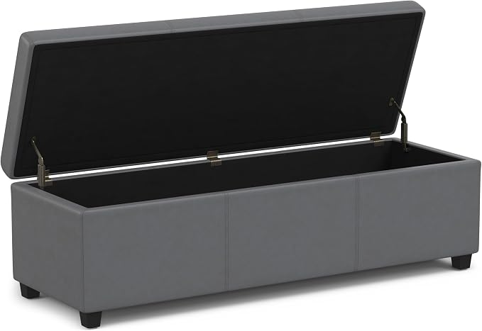 SIMPLIHOME Avalon 60" Wide Fabric Storage Ottoman in Midnight Black | Contemporary lift-top ottoman with high-density foam; rectangle storage bench or coffee table for living room or entryway.