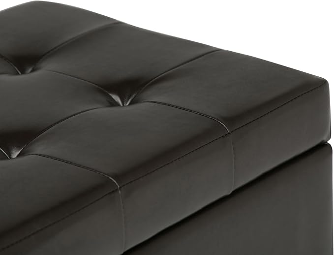 SIMPLIHOME Dover 36" Wide Vegan Leather Storage Ottoman in Distressed Black | Tanners brown, transitional storage ottoman with tufting and lift-up lid; rectangle storage bench for living room.