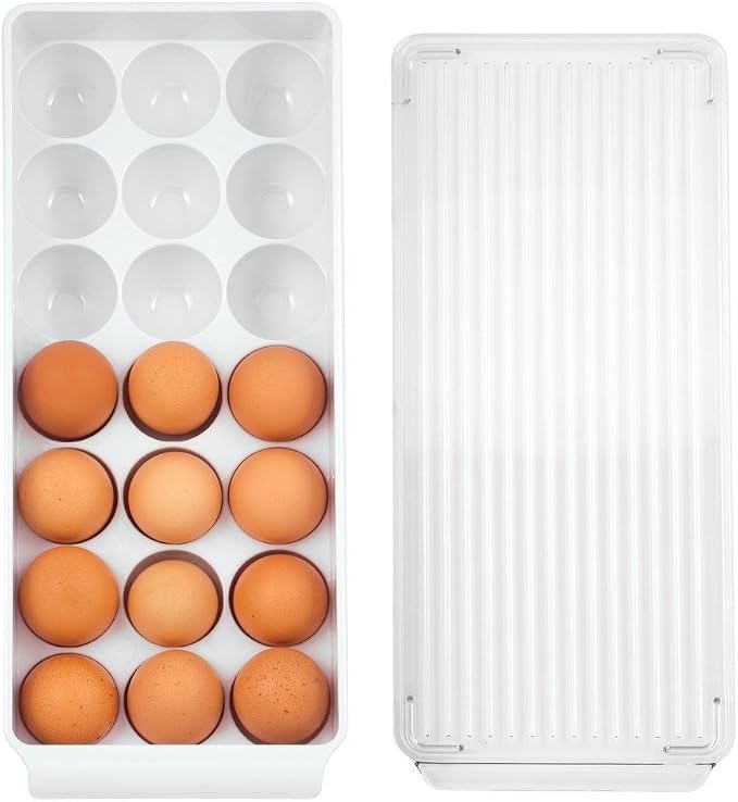 iDesign Plastic Egg Holder for Fridge with Lid, 21 Egg, Clear/White | Storage Container, Organizer Bin