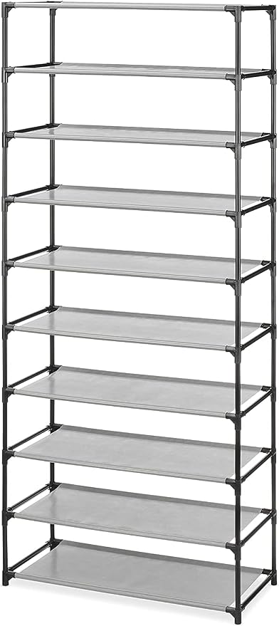 Whitmor Spacemaker 10 Tier Shoe Rack Tower, Tall Metal & Fabric Shoe Shelf Organizer for Entryway, Garage, Holds Shoes, Handbags & Accessories, 12"D×24.5"W×60"H