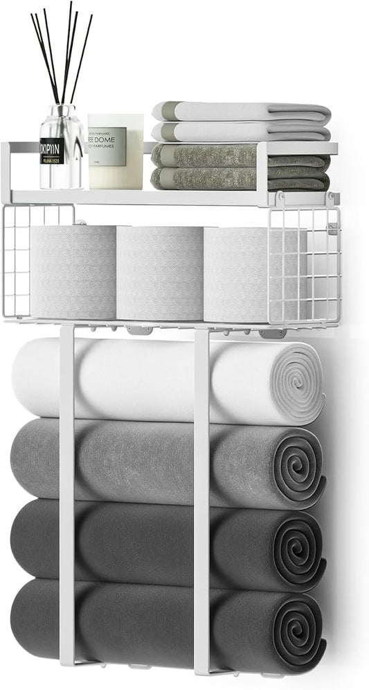 Towel Racks for Bathroom, Bathroom Shelf Over Toilet,Floating Shelves with Towel Rack Paper Holder Storage Basket,Floating Shelves for Wall Decor,White