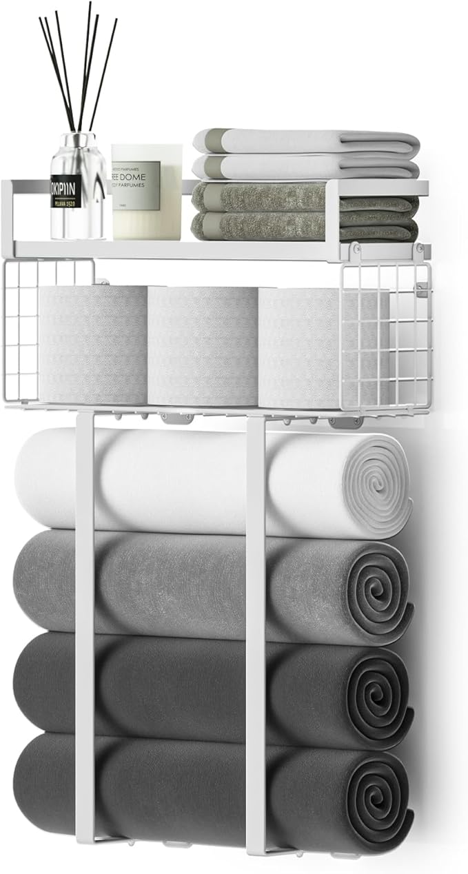 Towel Racks for Bathroom, Bathroom Shelf Over Toilet,Floating Shelves with Towel Rack Paper Holder Storage Basket,Floating Shelves for Wall Decor,White
