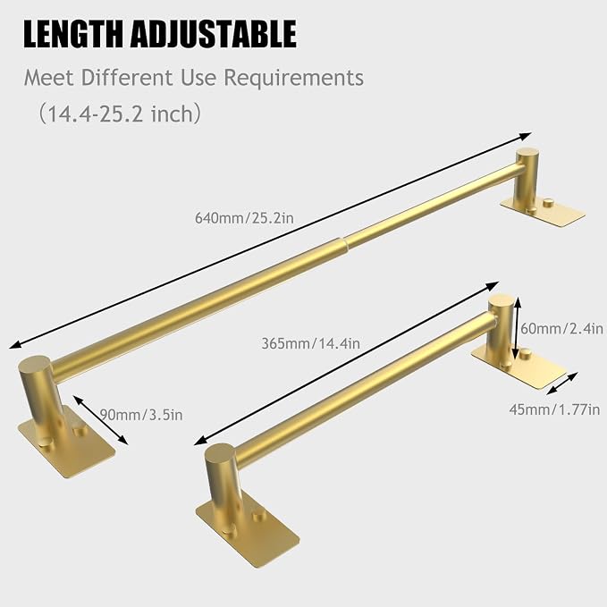 Towel Bar, 14inch to 25inch Adjustable Towel Holder Rod, Self Adhesive Wall Mounted Hand or Body Towel Rack for Bathroom Kitchen, Stainless Steel Organizer Single Bar (Gold, 2 Pack)