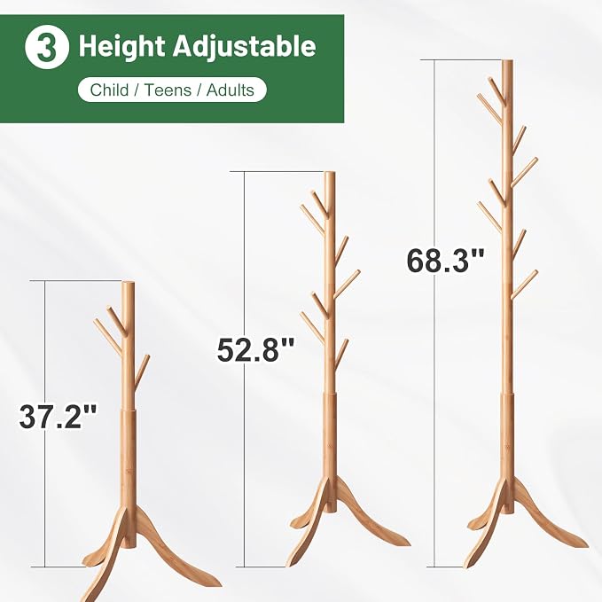 kiplant Coat Rack Freestanding, Bamboo Wood Coat Stand with 8 Hooks,3 Adjustable Size,Easy Assembly NO Tools Required, Coat Tree Hanger Stand for CoatsScarves in Hallway