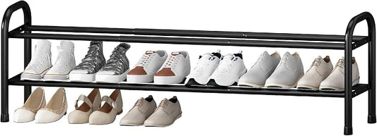STO STO Long Expandable Shoe Rack 2-Tier, Adjustable Length 33.7”–47.5” Shoe Organizer, Metal Shoes Storage Shelf, Holds Up to 18 Pairs, Non-Slip Feet, for Closet, Entryway, Hallway, Front Door, Black