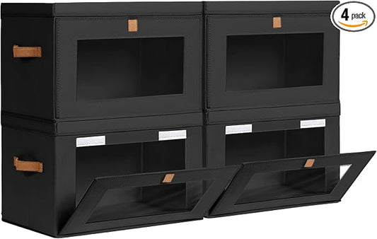 Homsorout Collapsible Storage Bins - Large Stackable Organizer Bins, Decorative Boxes with Handles & Window, Fabric Containers for Living Room, Closet, Dorm, 4 Pack, Black