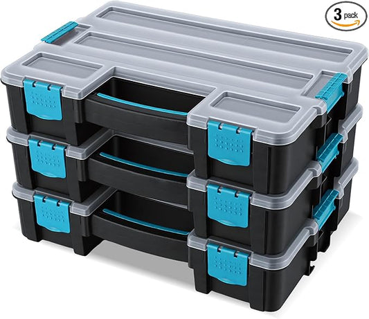 famuka Tool Storage Boxes 3-Pack Small Parts Organizers (Blue) | 10 Compartments with Removable Divides