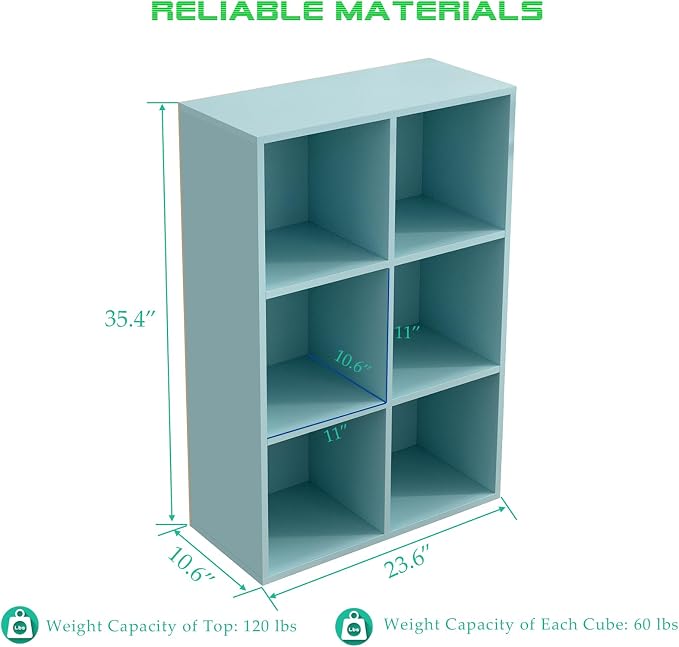 OSCHF 6-Cube Storage Shelf Bookcase, Light Blue | Wooden 3-Tier Open Bookshelf, Fits 11×11" Bins, Vertical or Horizontal Use, Full Back Panels, For Home Office