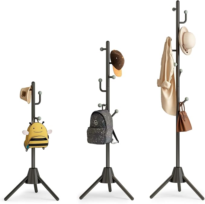Heavy Duty Anti-Tip Coat Rack with 8LB Stable Weighted Base, [80LB Load Tested] Metal Standing Tree with 8 Hooks, 3-Height Adjustable Space Saving Clothes Organizer for Entryway, Bedroom, Office