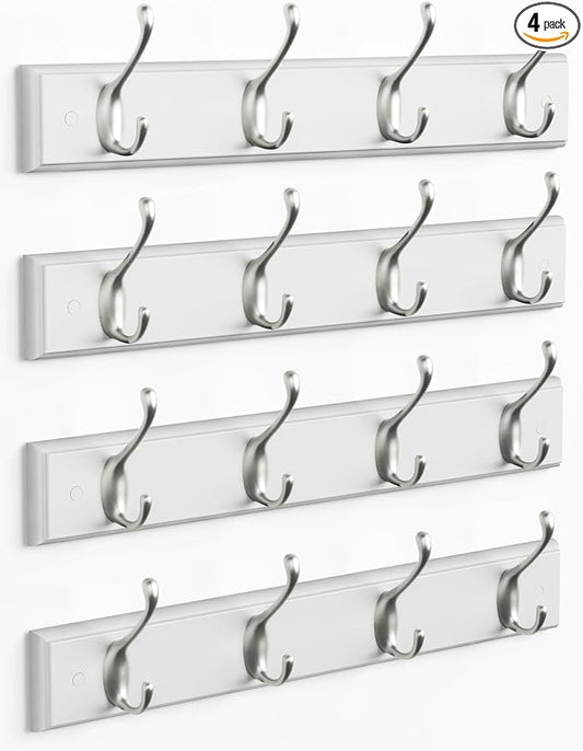 Forbena White Coat Rack Wall Mount 4-Pack, Coat Hanger Wall Mounted for Hanging Clothes Purse, Modern Key Holder Hooks for Closet Hat, Belt, Bag, Backpack, Leash (White and Silver - 16 Hooks)
