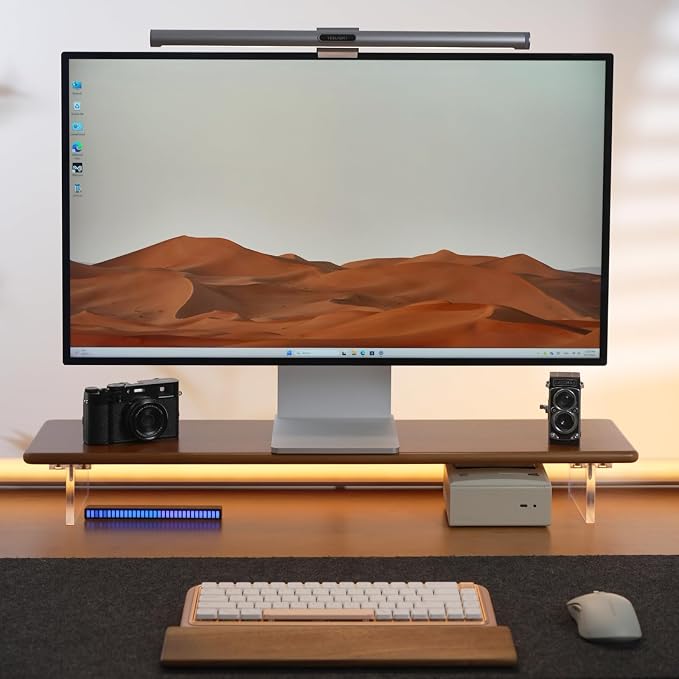 Bamboo Monitor Stand Riser, Brown Desk Shelf with Acrylic Legs | 31.5-Inch Wide, 3.3-Inch Clearance, Fits Monitor, Laptop, Printer and Speakers for Small Desks