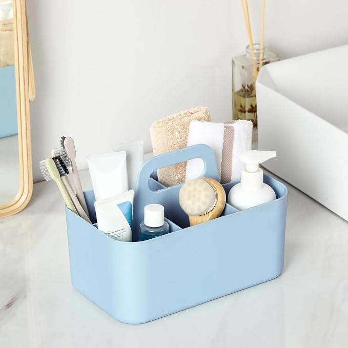 Multiuse Caddy Organizer with Handle, Portable Divided Plastic Tote Bin - Art Craft, Stationary Pen Marker Crayons, Makeup Hair Supplies Storage - Bathroom, Classroom, Dorm, Office, Desk Holder - Blue