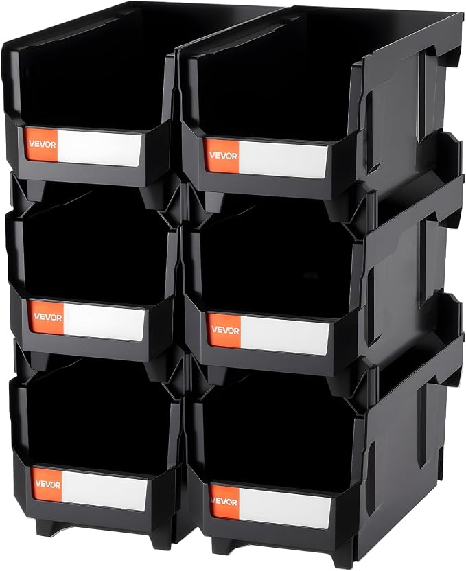 VEVOR Plastic Stackable Storage Bins, 14.8 x 8.5 x 7.1 inch (6 Pack), Plastic Containers for Organizing and Storage Bins for Closet, Garage, Small Parts, Office Supplies and Other Accessories, Black