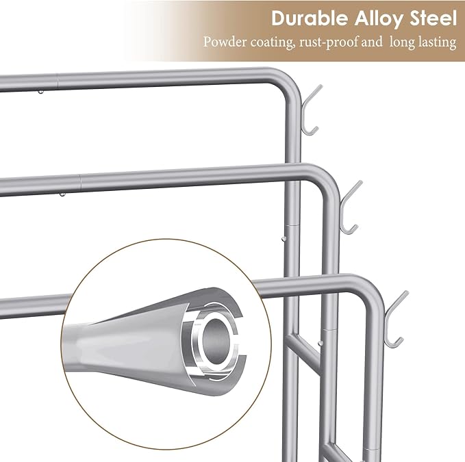 Kayfia 40'' Freestanding 3 Tier Metal Towel Rack, 2 Baskets & 6 Hooks | Dual-Use Drying & Display Rack, Holds Oversized Bath Towels & Blankets, fits Indoor, Bathroom, Bedroom & Outdoor, Silver