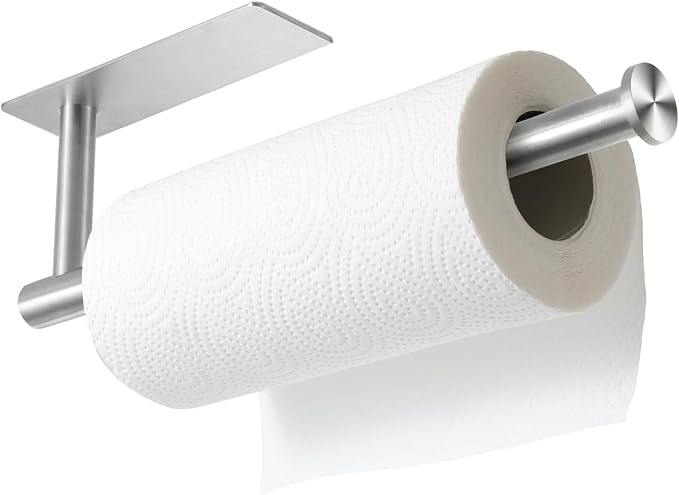 theaoo Under Cabinet Paper Towel Holder for Kitchen, Wall Mount, Silver | Adhesive Paper Towel Roll Rack for Bathroom or Kitchen, SUS304 Stainless Steel, Self-Adhesive or Screw Installation