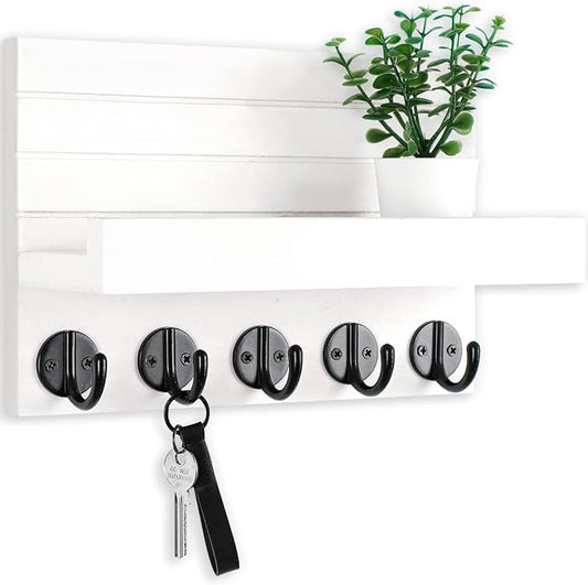 Lwenki Key Holder for Wall, Decorative Key and Mail Holder with Shelf Has Large Key Hooks for Bags, Coats, Umbrella – Paulownia Wood Key Hanger with Mounting Hardware (9.8”W x 6.7”H x 4.2”D)