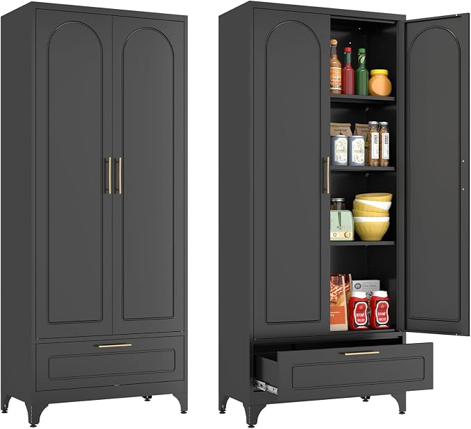Polup 75" Tall Black Metal Pantry Storage Cabinet with 1 Drawer | Heavy-Duty Steel Kitchen Cabinet, 3 Adjustable Shelves & Magnetic Doors, Leveling Feet, for Dining Living Room, Laundry