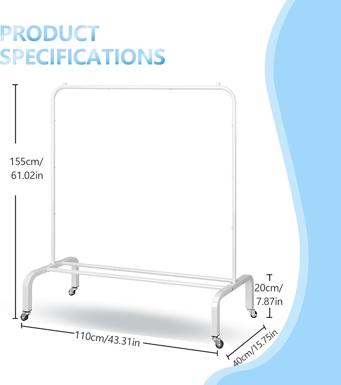 Metal Clothing Rack with Wheels, 43.3 Inches Rolling Clothes Garment Coat Rack with Bottom Shelf, Clothing Rack for Hanging Clothes, Coats, Skirts, Shirts, Sweaters, White