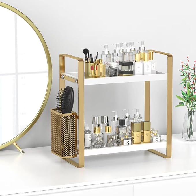 Bathroom Counter Organizer with Basket, Perfume,Makeup Organizers for Vanity,Storage Organizers for Bathroom, Kitchen, Dresser（White）