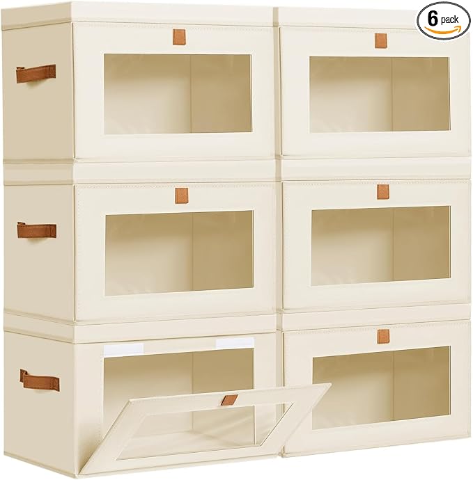 DIMJ Storage Bins with Lids - 6 Pack Fabric Closet Organizer with Window & Handles, Collapsible Decorative Storage Boxes for Shelves Under Bed, Books Clothes Blankets Sweaters Organization