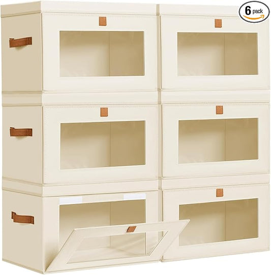 DIMJ Storage Bins with Lids - 6 Pack Fabric Closet Organizer with Window & Handles, Collapsible Decorative Storage Boxes for Shelves Under Bed, Books Clothes Blankets Sweaters Organization
