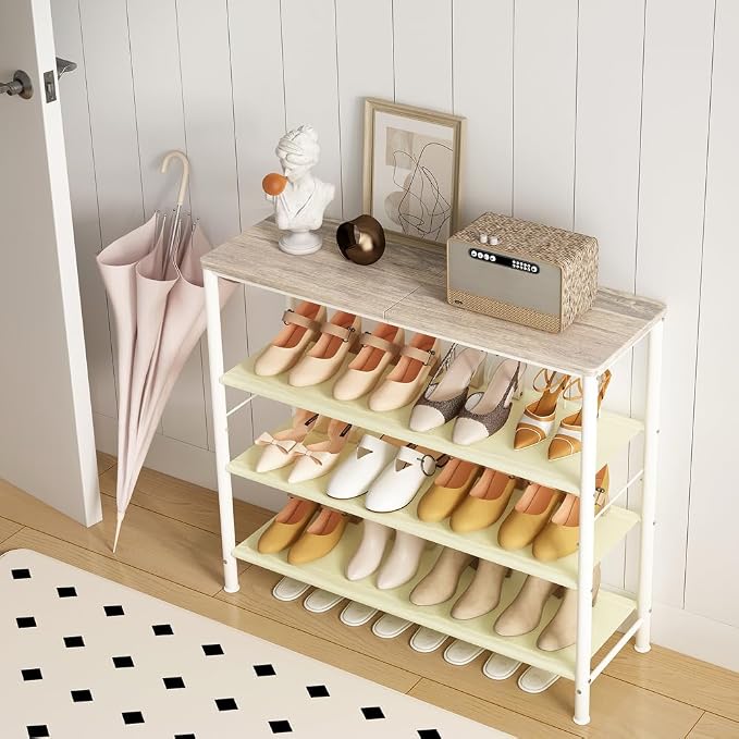 INGIORDAR 4 Tier Shoe Rack Storage Organizer Shelf Top with MDF Board | Space-Saving,with 3 Layer Fabric,stores 16+Pairs of Shoes for Closet,Entryway,Bedroom,Living Room Garage,White