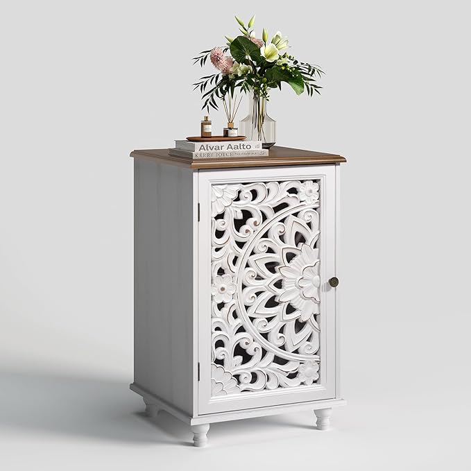 JOINICE Accent Cabinet with Hand-Carved Door for Living Room/Bedroom | Hand-Carved Floral Design, Boho/Farmhouse/Rustic Style, Space-Saving, Sofa Table/End table, Solid Wood Legs, Adjustable Shelf