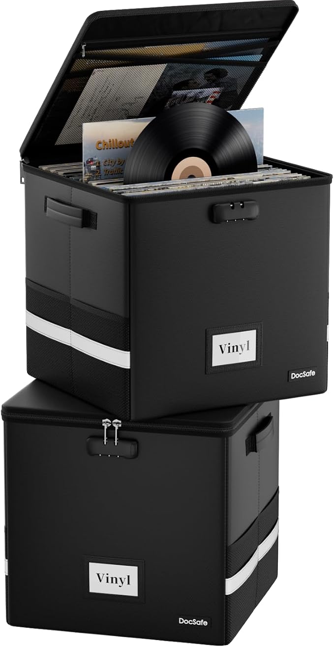 DocSafe Vinyl Record Storage Box with Lock,Fireproof Record Organizer Storage for 100+ Single Records(12-inch), Collapsible Storage Crate with Lid & Handles for Valuable Album Collection,Black,2 Pack