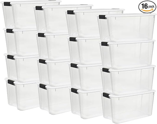 Sterilite 16-Pack Ultra Latching Box, Storage Bins with Lids, Clear Plastic, 70 Quart - Heavy-Duty Organizing Containers for Closet, Bathroom, and Office