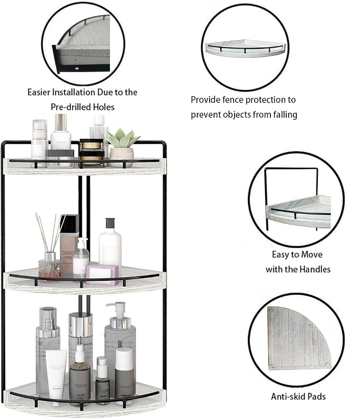 Dorhors Corner Bathroom Organizer Countertop,Vanity Counter Storage Shelf | 3 Tier Rustic White Stand Rack Holder for Kitchen,Dresser,Restroom,Wood Bathroom Sink Tray for Makeup,Perfume,Skincare,Lotion
