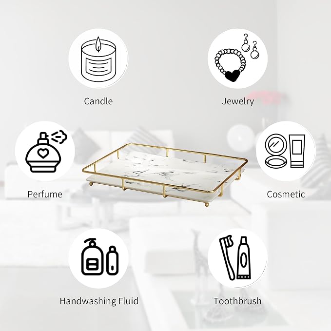 Dobbyby Vanity Tray Makeup Organizer Cosmetics Storage Bathroom Skincare Organizer Countertop Display Rack in Dresser Stainless Steel Shelf Marble Print Ceramic Trays
