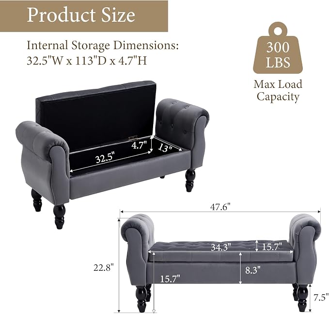 47″ Storage Bench with Arms End of Bed Bench,Velvet Entryway Bench with Storage, Button Tufted Upholstered Ottoman Bench Wood Legs, Window Sitting Bench for Bedroom/Living Room, Dark Grey