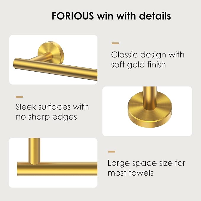 FORIOUS Towel Bar 21" Towel Racks for Bathroom Wall Mounted Brushed Gold | Total Length 23 Inch, Rustproof, Stainless Steel Towel Holder, Wall Mounted for Bathroom Bedroom, Heavy Duty, Space Saving