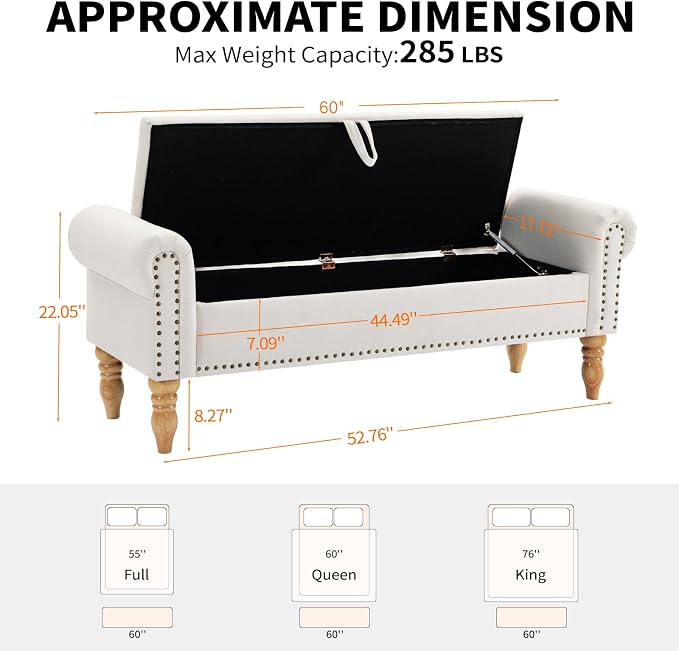 60" Corduroy Storage Bench, Queen End of Bed, White | Corduroy Upholstered, Bedroom/Entryway/Closet, Storage Ottoman Bench, Window Seat, Lift-Top, Tufted Button, Solid Wood Legs.